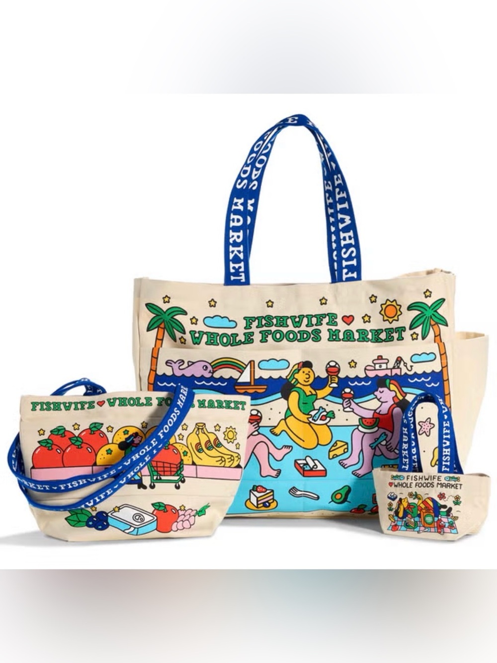 Fishwife Whole Foods Market Canvas Tote Bags set of 3